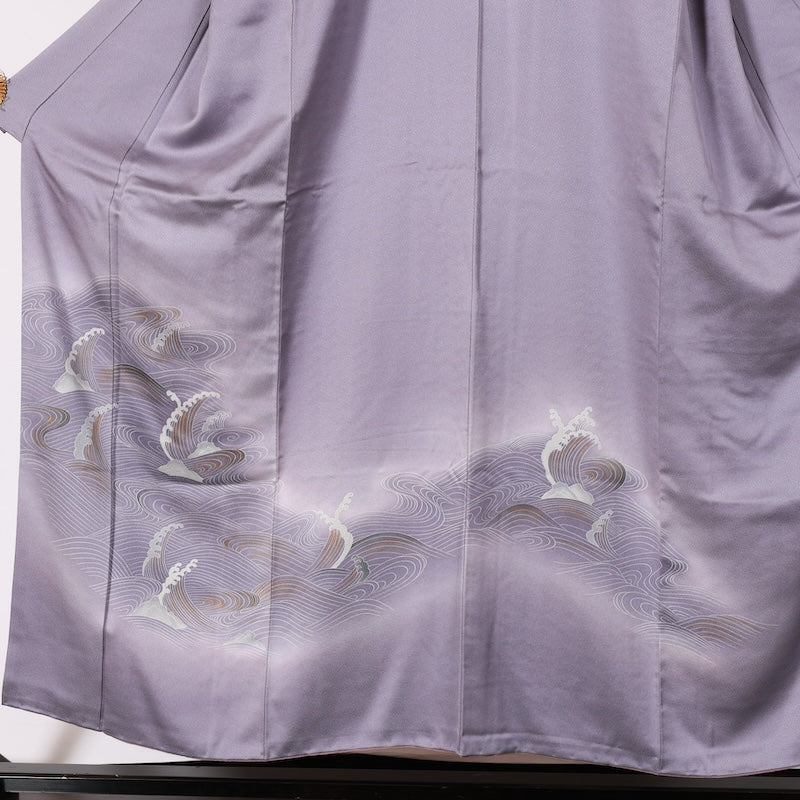 Japanease kimono  used(Houmongi) M-size 100% silk /K71Purple, gray, gold, wave, couple rocks, Saayagata pattern