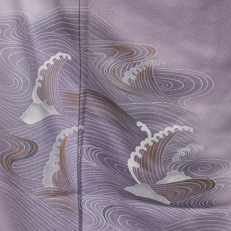 Japanease kimono  used(Houmongi) M-size 100% silk /K71Purple, gray, gold, wave, couple rocks, Saayagata pattern