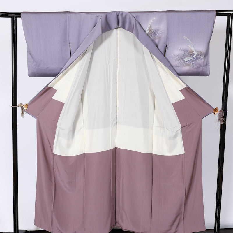 Japanease kimono  used(Houmongi) M-size 100% silk /K71Purple, gray, gold, wave, couple rocks, Saayagata pattern