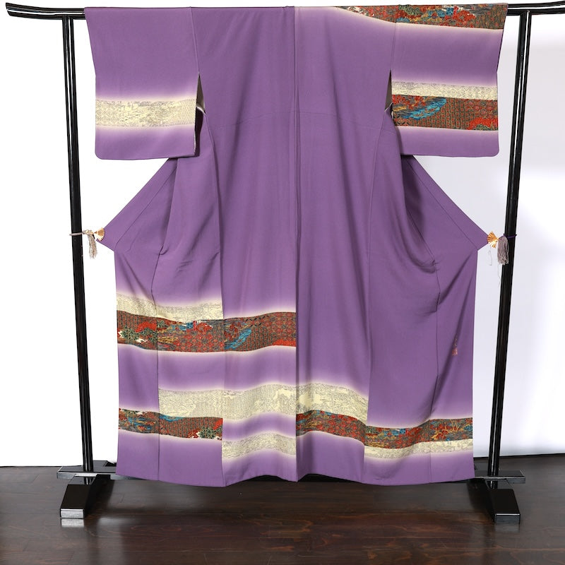 Japanease kimono  used(Houmongi) L-size 100% silk /K119Sarasa Purple Brown Blue Gray Purple Red Landscape Sarasa