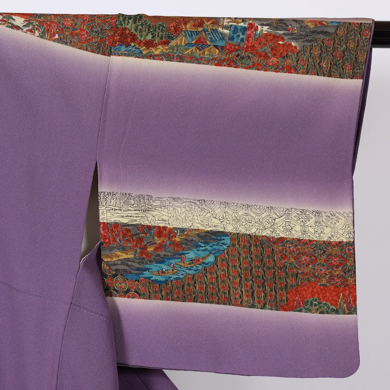 Japanease kimono  used(Houmongi) L-size 100% silk /K119Sarasa Purple Brown Blue Gray Purple Red Landscape Sarasa