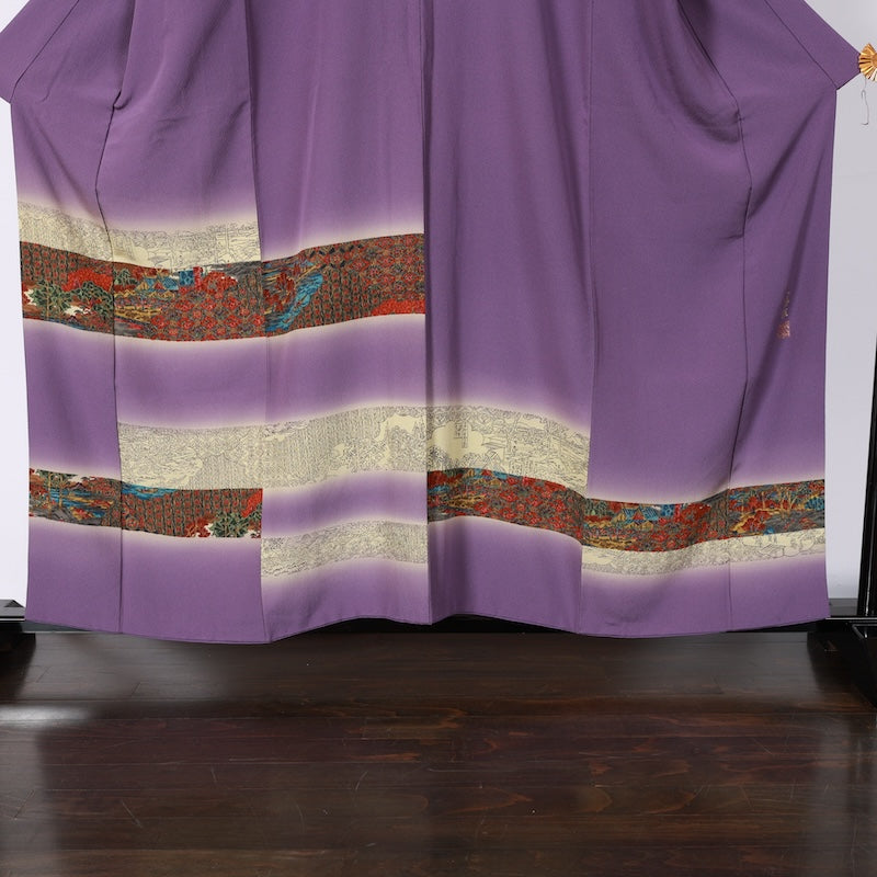 Japanease kimono  used(Houmongi) L-size 100% silk /K119Sarasa Purple Brown Blue Gray Purple Red Landscape Sarasa