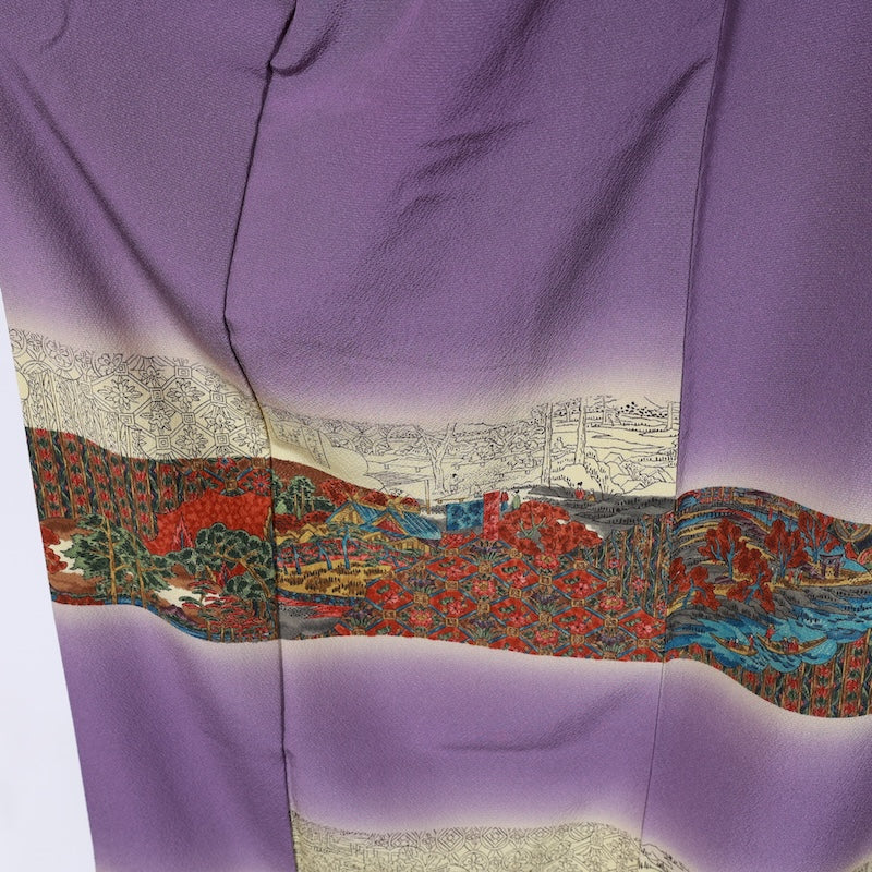 Japanease kimono  used(Houmongi) L-size 100% silk /K119Sarasa Purple Brown Blue Gray Purple Red Landscape Sarasa