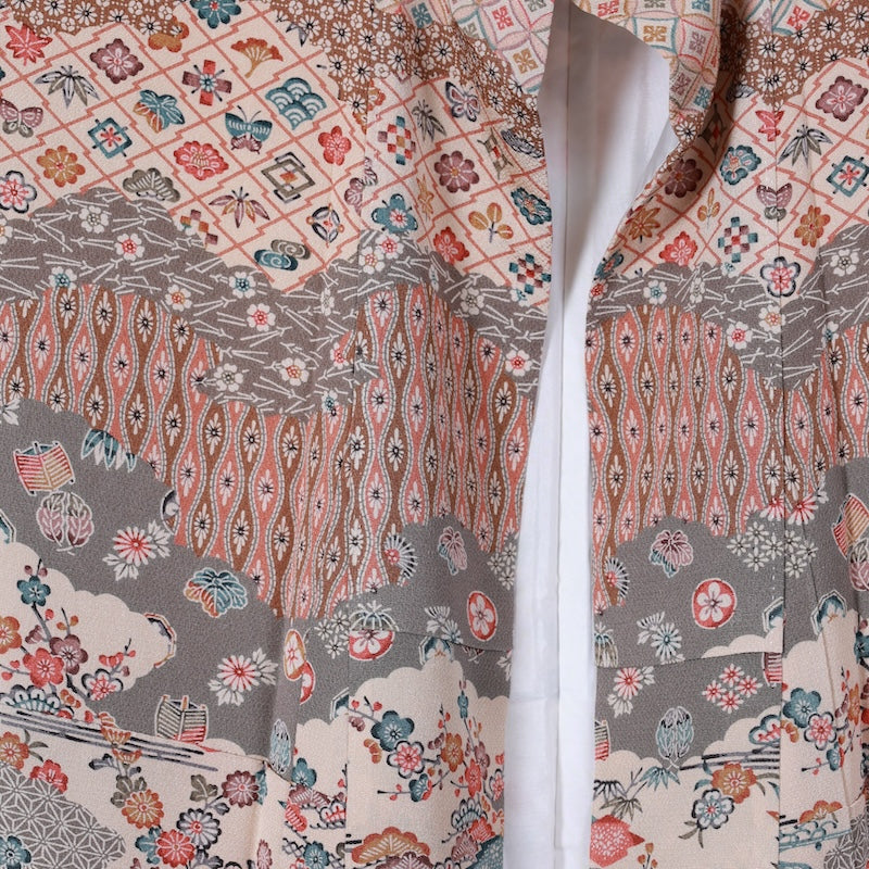 Japanease kimono  used(Houmongi) L-size 100% silk /K115Bingata, gray, beige, brown, mustard, wave, small flower, spool, bamboo, plum, pine, hemp leaf