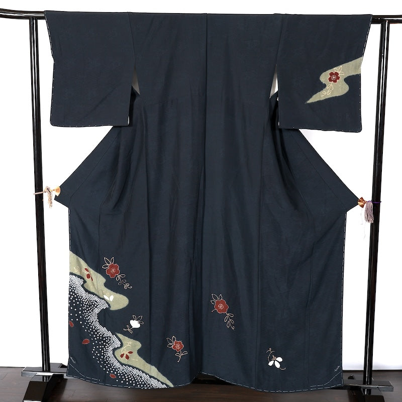 Japanease kimono  used(Houmongi) L-size 100% silk /K113Dark blue, green, brown, white, gold, hat tie-dye, Hikita tie-dye, sew-tie tie-dye, flower