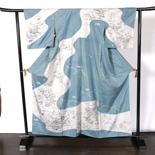 Japanease kimono  used(Houmongi) L-size 100% silk /K103Homongi, Oshima Tsumugi, indigo, gray, brown, white, tataki, hat tie-dye, sewn tie-dye, Chayatsuji