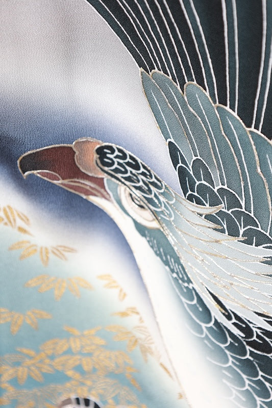 Boys' one-piece used kimono; gray, indigo, green, purple, gold, white, brown; hawk, auspicious motifs, five crests (circle with ivy); b67
