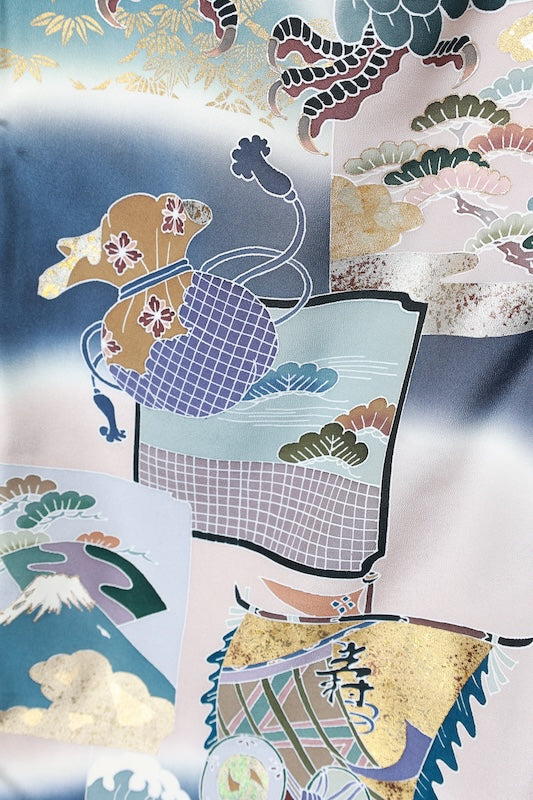 Boys' one-piece used kimono; gray, indigo, green, purple, gold, white, brown; hawk, auspicious motifs, five crests (circle with ivy); b67