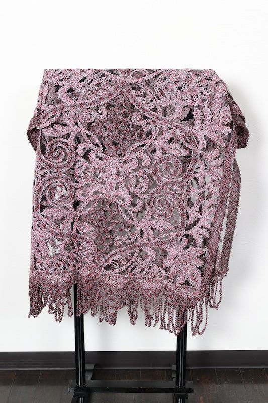 used Stole, shades of red and gray, grape arabesque pattern, b69