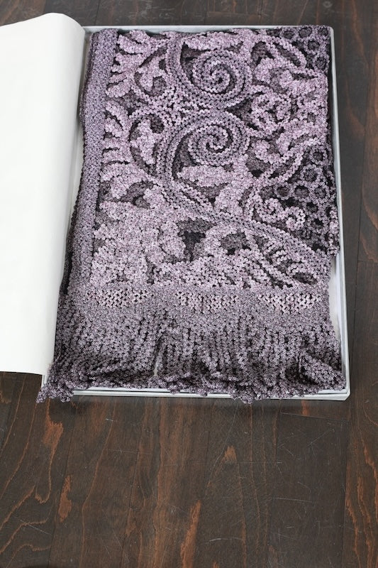 used Stole, shades of purple and gray, grape arabesque pattern, mud-dyed ikat, b68