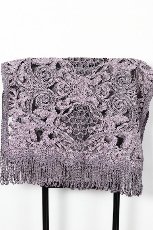 used Stole, shades of purple and gray, grape arabesque pattern, mud-dyed ikat, b68
