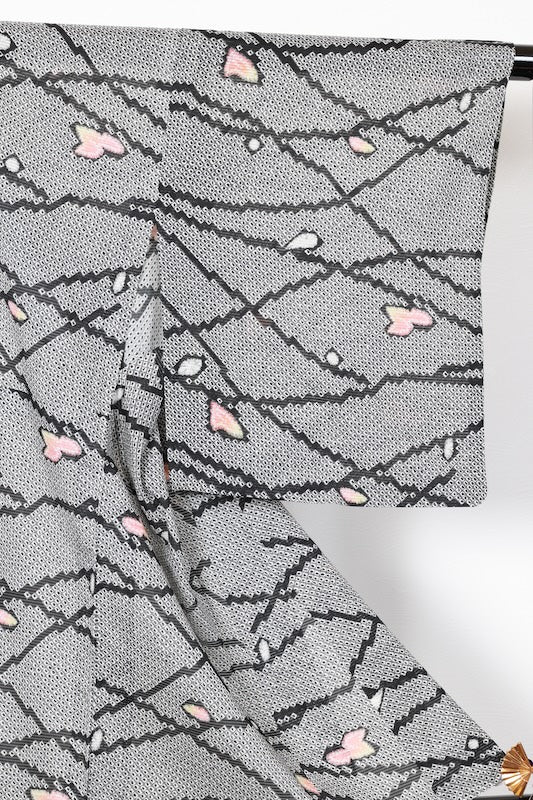 Summer Komon (used kimono fabric), Ro (black ), dyed with a dappled pattern, gray, black, pink, yellow, abstract design, R239