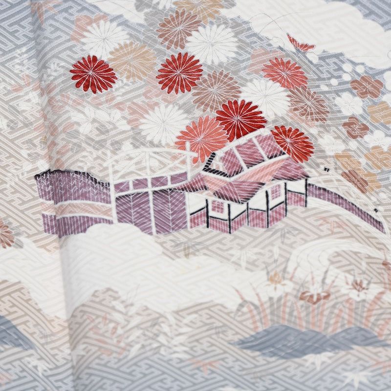 Japanese kimono used <Iromuzi> L-size  silk 100% /B799