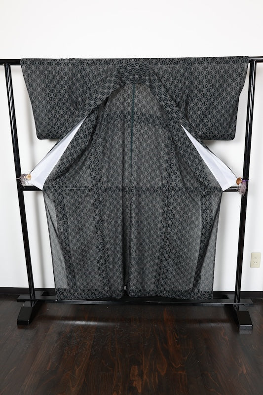 Summer used kimono, sheer fabric, black and white, hemp leaf pattern, R241