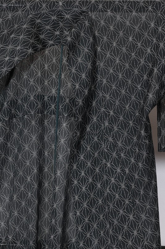 Summer used kimono, sheer fabric, black and white, hemp leaf pattern, R241