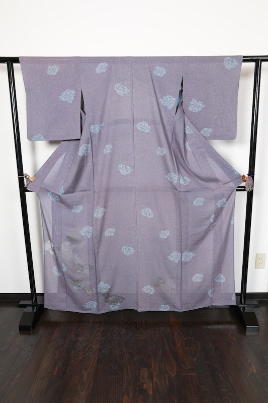 Tsukesage used kimono, wisteria purple, shades of gray, ro (gauze), with Tang flower and phoenix motifs, Shantou embroidery, R33
