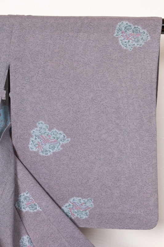 Tsukesage used kimono, wisteria purple, shades of gray, ro (gauze), with Tang flower and phoenix motifs, Shantou embroidery, R33