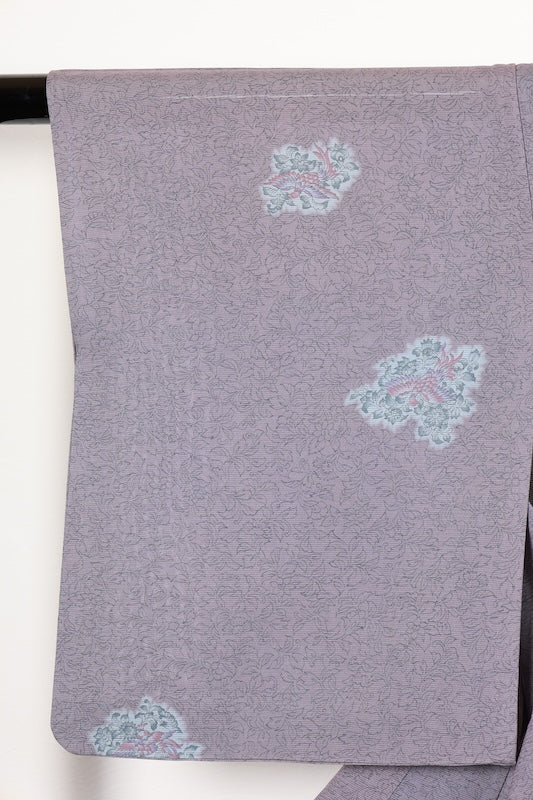 Tsukesage used kimono, wisteria purple, shades of gray, ro (gauze), with Tang flower and phoenix motifs, Shantou embroidery, R33