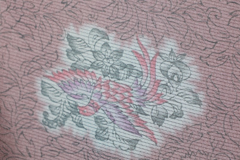 Tsukesage used kimono, wisteria purple, shades of gray, ro (gauze), with Tang flower and phoenix motifs, Shantou embroidery, R33