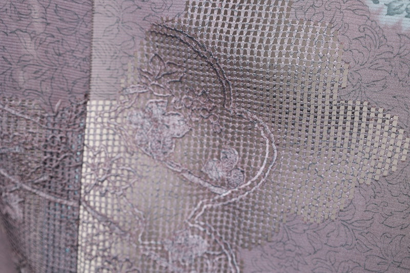 Tsukesage used kimono, wisteria purple, shades of gray, ro (gauze), with Tang flower and phoenix motifs, Shantou embroidery, R33