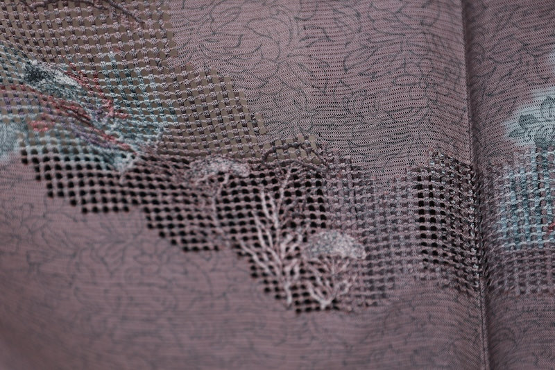 Tsukesage used kimono, wisteria purple, shades of gray, ro (gauze), with Tang flower and phoenix motifs, Shantou embroidery, R33