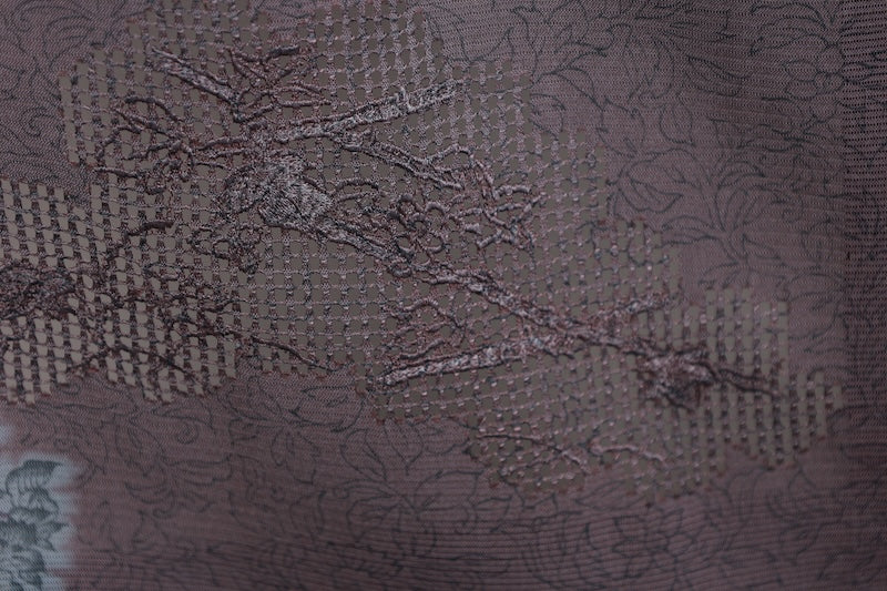 Tsukesage used kimono, wisteria purple, shades of gray, ro (gauze), with Tang flower and phoenix motifs, Shantou embroidery, R33
