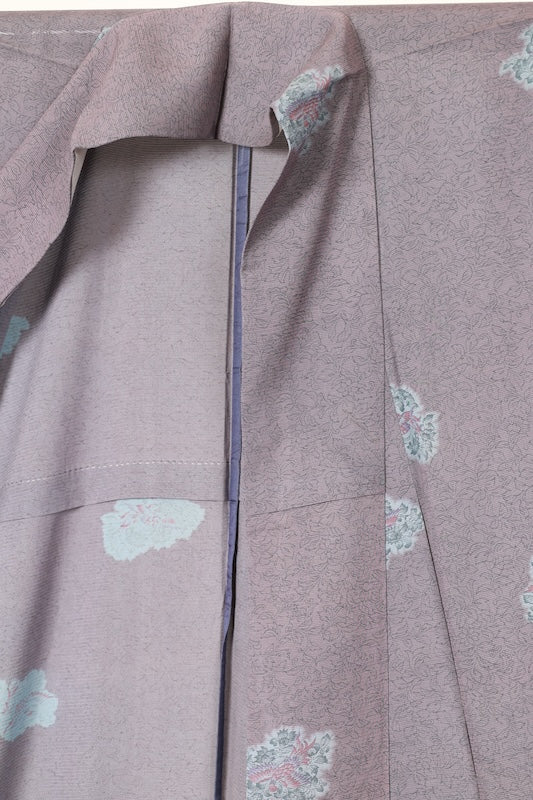 Tsukesage used kimono, wisteria purple, shades of gray, ro (gauze), with Tang flower and phoenix motifs, Shantou embroidery, R33