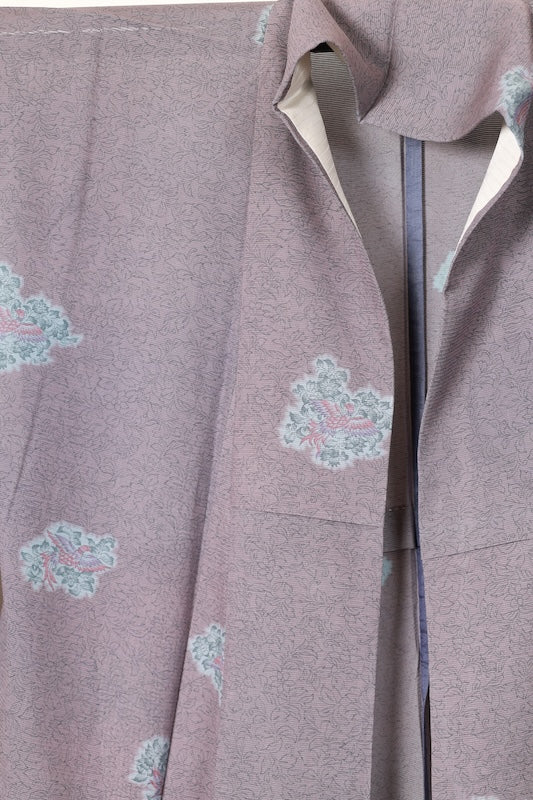 Tsukesage used kimono, wisteria purple, shades of gray, ro (gauze), with Tang flower and phoenix motifs, Shantou embroidery, R33