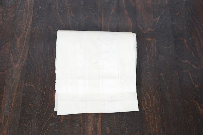 Summer Nagoya obi (used sash), sheer fabric, off-white, white, striped, floral pattern, R238