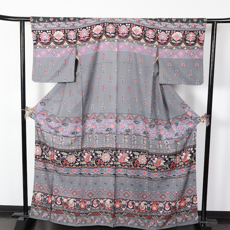 Japanese kimono used <houmongi> Lsize  silk 100% /T428