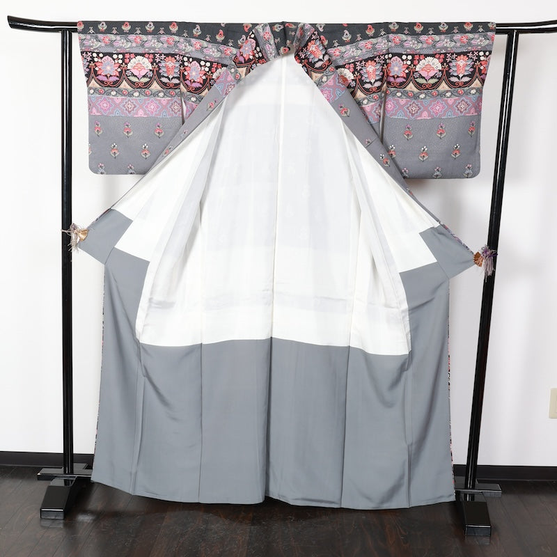 Japanese kimono used <houmongi> Lsize  silk 100% /T428