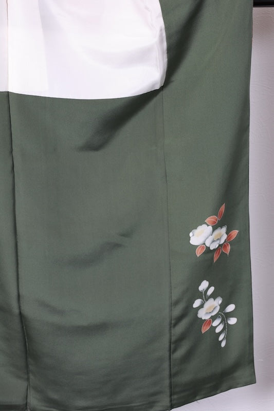 Japan used kimono, green, gray, brown, white, gold, ink, Tsujigahana pattern, hand-painted, by an artist, T80