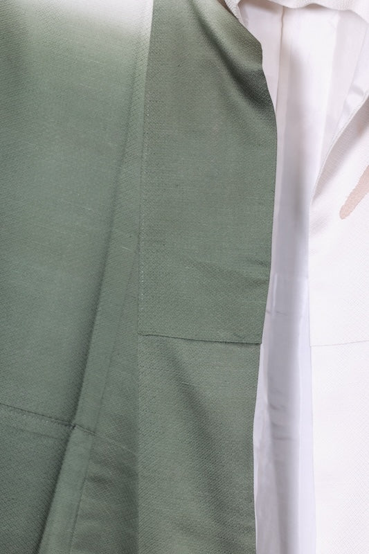 Japan used kimono, green, gray, brown, white, gold, ink, Tsujigahana pattern, hand-painted, by an artist, T80