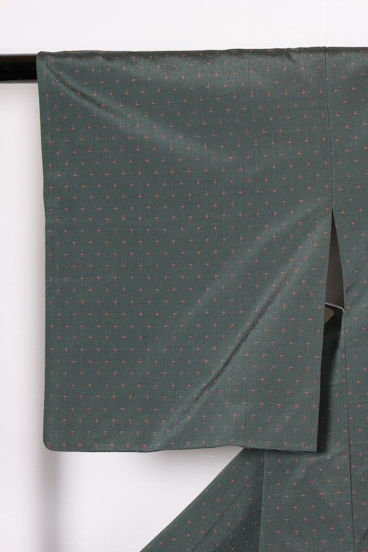 Shiozawa Tsumugi(used kimono) silk fabric, green and red ikat pattern, R75