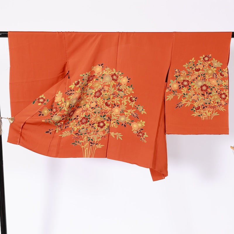 kimono jacket (Haori)  100% silk  /K195Brand new, untailored, orange, purple, green, brown, floral, Kyoto Yuzen