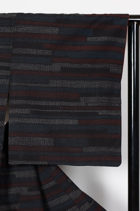 Yuki Tsumugi (used kimono) silk fabric, shades of indigo, white, red, 80-kikko pattern, R74