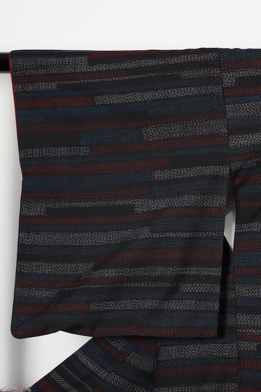 Yuki Tsumugi (used kimono) silk fabric, shades of indigo, white, red, 80-kikko pattern, R74