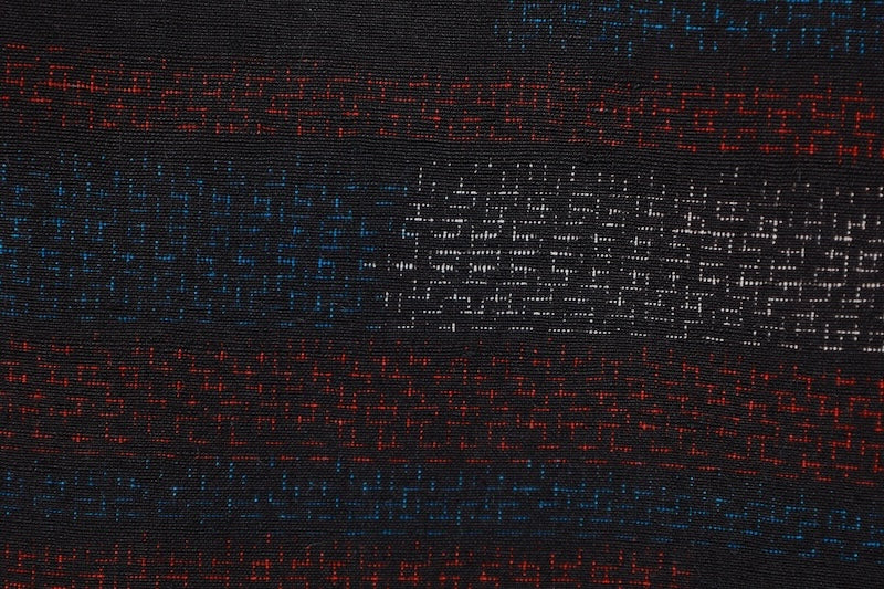 Yuki Tsumugi (used kimono) silk fabric, shades of indigo, white, red, 80-kikko pattern, R74