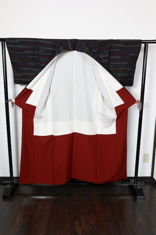 Yuki Tsumugi (used kimono) silk fabric, shades of indigo, white, red, 80-kikko pattern, R74