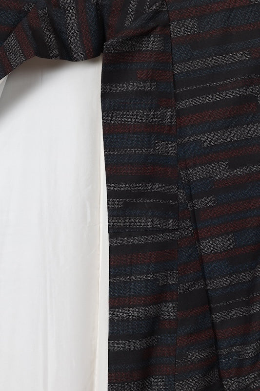 Yuki Tsumugi (used kimono) silk fabric, shades of indigo, white, red, 80-kikko pattern, R74