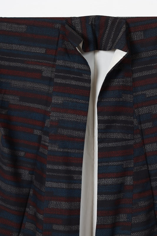 Yuki Tsumugi (used kimono) silk fabric, shades of indigo, white, red, 80-kikko pattern, R74