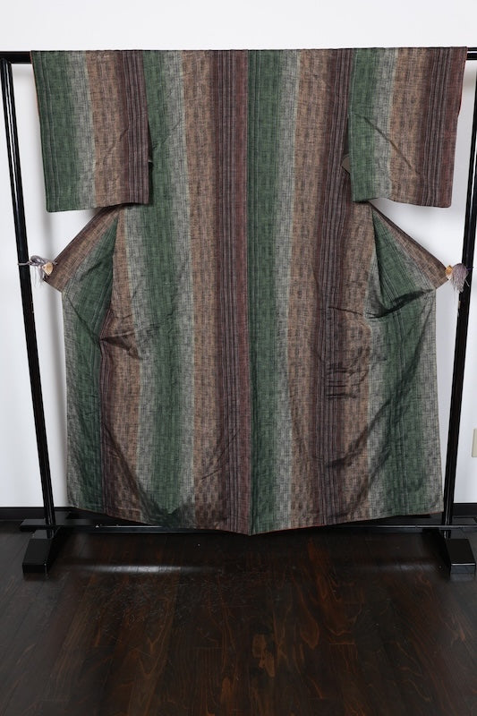 Tsumugi(used kimono) silk fabric, green, brown, black, purple, wavy stripe pattern, handwoven, R73