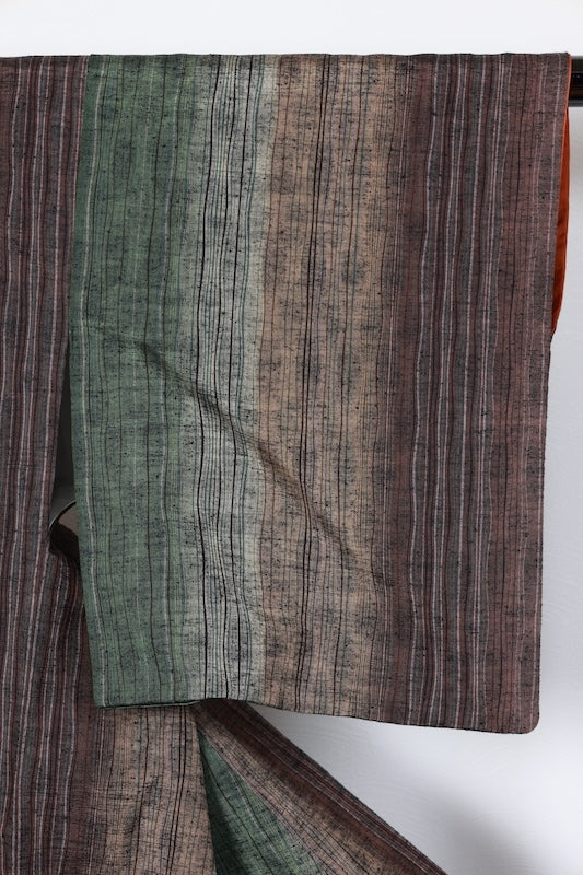 Tsumugi(used kimono) silk fabric, green, brown, black, purple, wavy stripe pattern, handwoven, R73