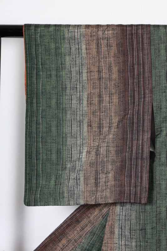 Tsumugi(used kimono) silk fabric, green, brown, black, purple, wavy stripe pattern, handwoven, R73