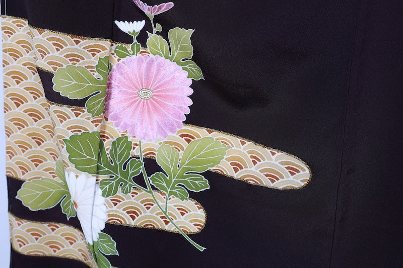 New, unused formal kimono (houmongi) in brown, green, beige, and white. Features gold thread embroidery, floral and wave patterns. (R72)