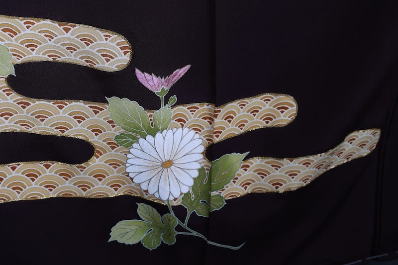 New, unused formal kimono (houmongi) in brown, green, beige, and white. Features gold thread embroidery, floral and wave patterns. (R72)
