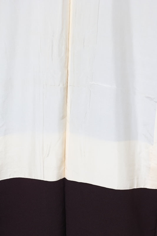 New, unused formal kimono (houmongi) in brown, green, beige, and white. Features gold thread embroidery, floral and wave patterns. (R72)