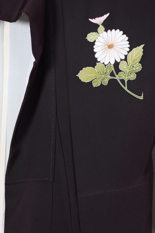 New, unused formal kimono (houmongi) in brown, green, beige, and white. Features gold thread embroidery, floral and wave patterns. (R72)