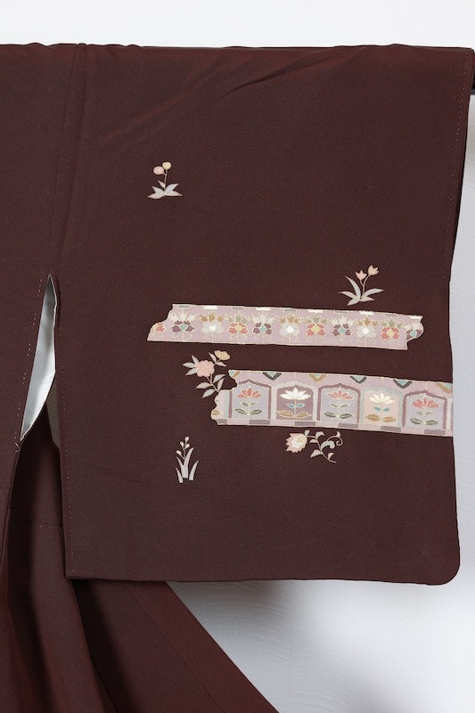 Japan used kimono, brown, gold, green, blue, gray, floral pattern, hand-painted floral design, R76