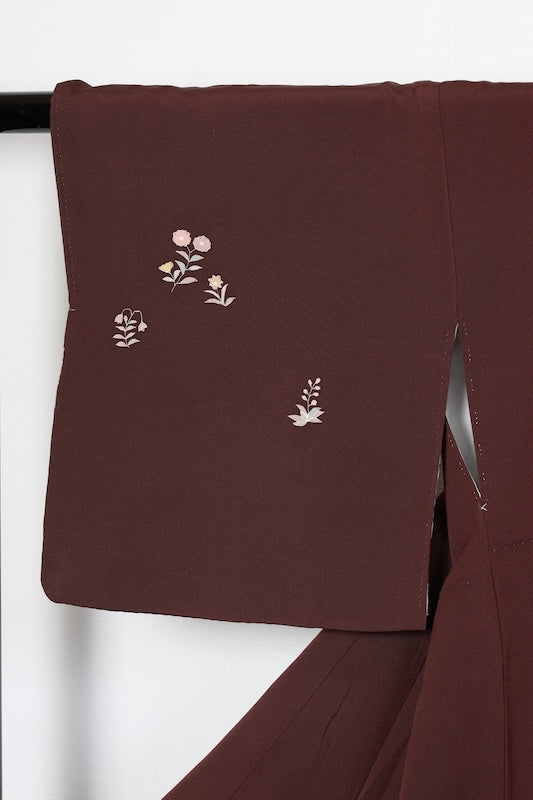 Japan used kimono, brown, gold, green, blue, gray, floral pattern, hand-painted floral design, R76